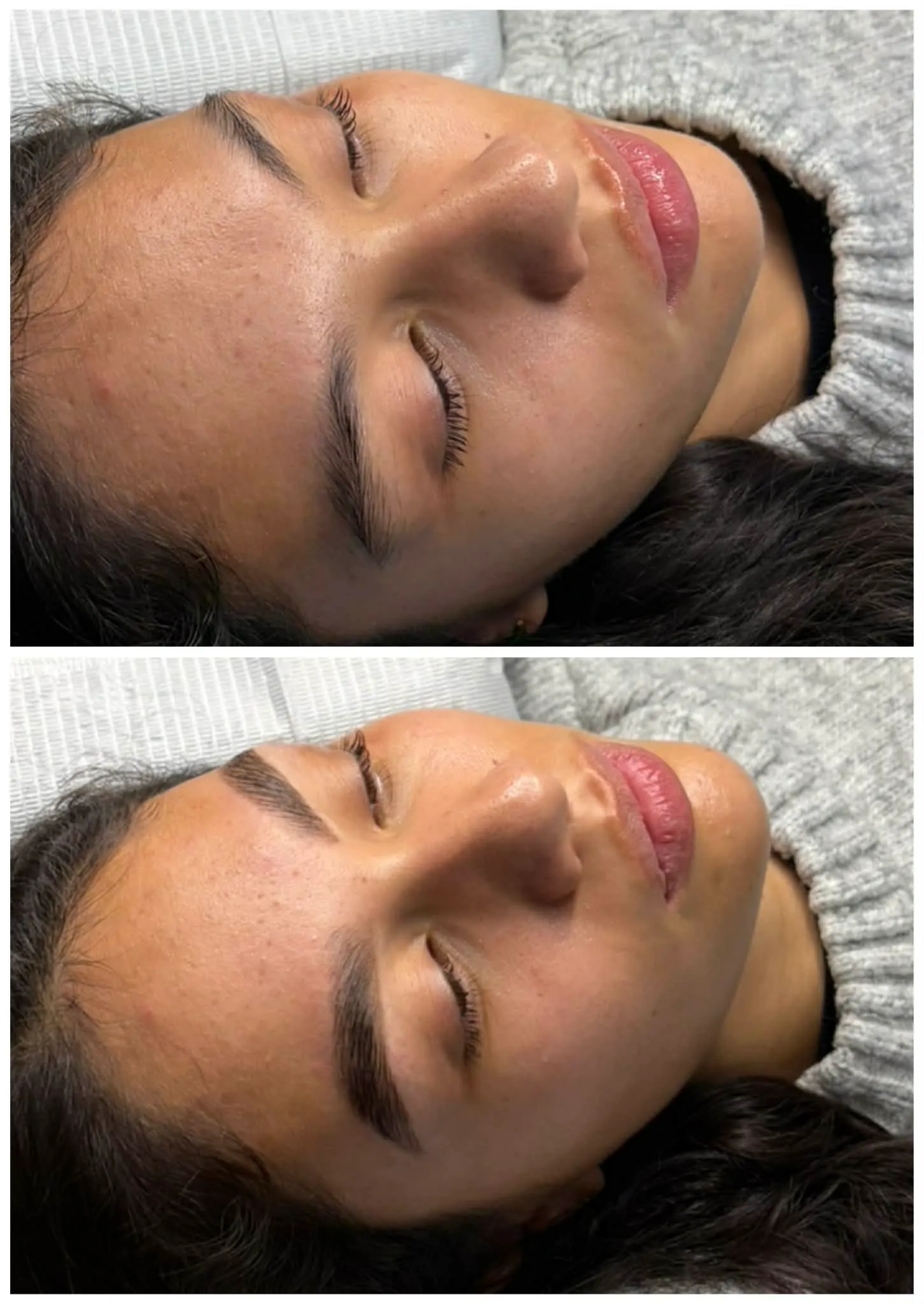 Before and after brow lamination and tint on a client lying back, brows brushed up and darkened