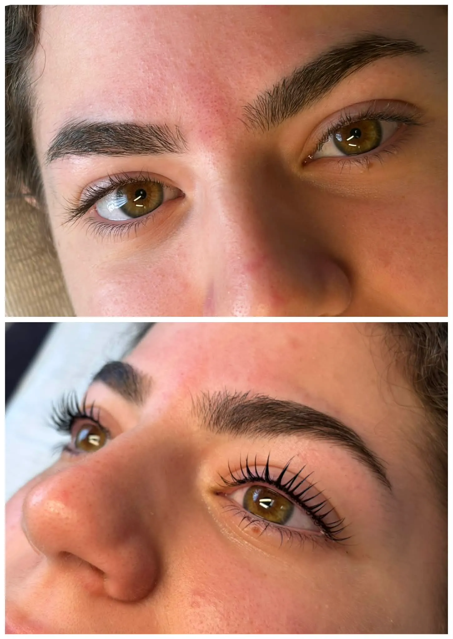 Before and after a Korean lash lift and tint, straight lashes curled open and darkened